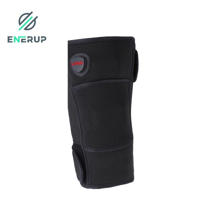 Heated vibrating knee brace, style reference only. The controller marking in the source image is placeholder lettering, not a brand, and the source image carries a third-party watermark; it is not presented as this company's own product photograph.